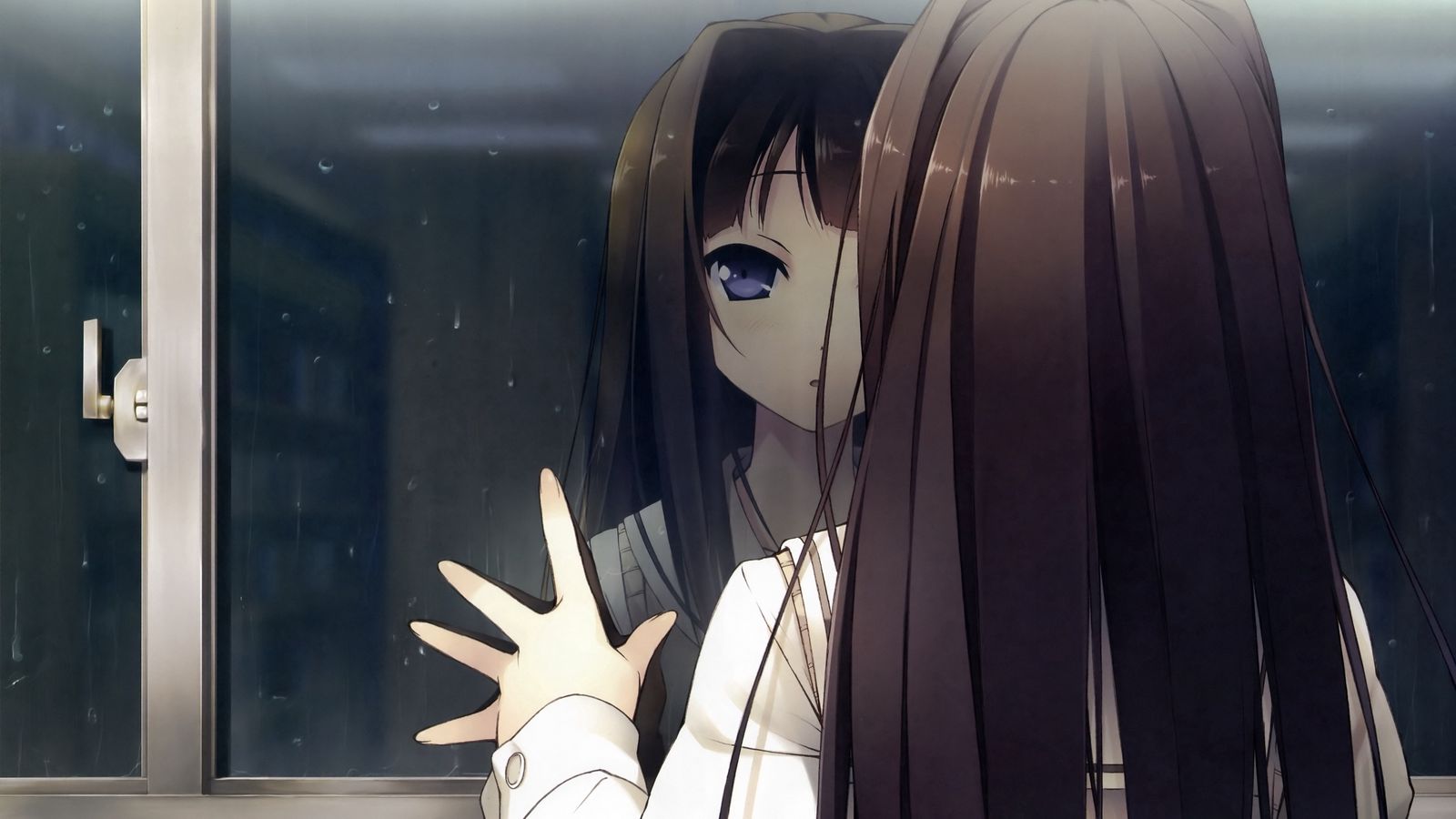 Download wallpaper 1600x900 anime girl, window, reflection, drop, rain,  look widescreen 16:9 hd background