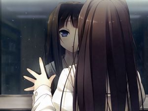 Preview wallpaper anime girl, window, reflection, drop, rain, look