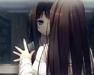 Preview wallpaper anime girl, window, reflection, drop, rain, look