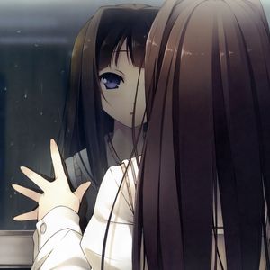 Preview wallpaper anime girl, window, reflection, drop, rain, look