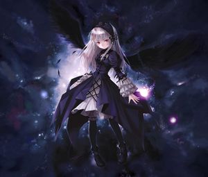 Preview wallpaper anime, girl, wings, flying, black
