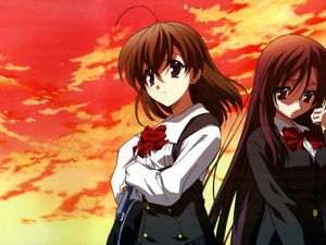 Preview wallpaper anime, girls, sadness, form, sunset