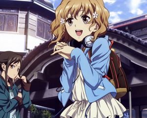 Preview wallpaper anime, girls, street, happy, smile