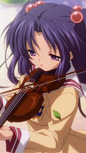 Preview wallpaper anime, girls, violin, bow, park, foliage, noise, hostility