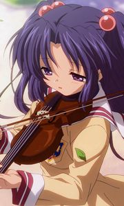 Preview wallpaper anime, girls, violin, bow, park, foliage, noise, hostility