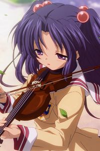 Preview wallpaper anime, girls, violin, bow, park, foliage, noise, hostility