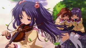 Preview wallpaper anime, girls, violin, bow, park, foliage, noise, hostility