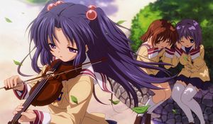 Preview wallpaper anime, girls, violin, bow, park, foliage, noise, hostility