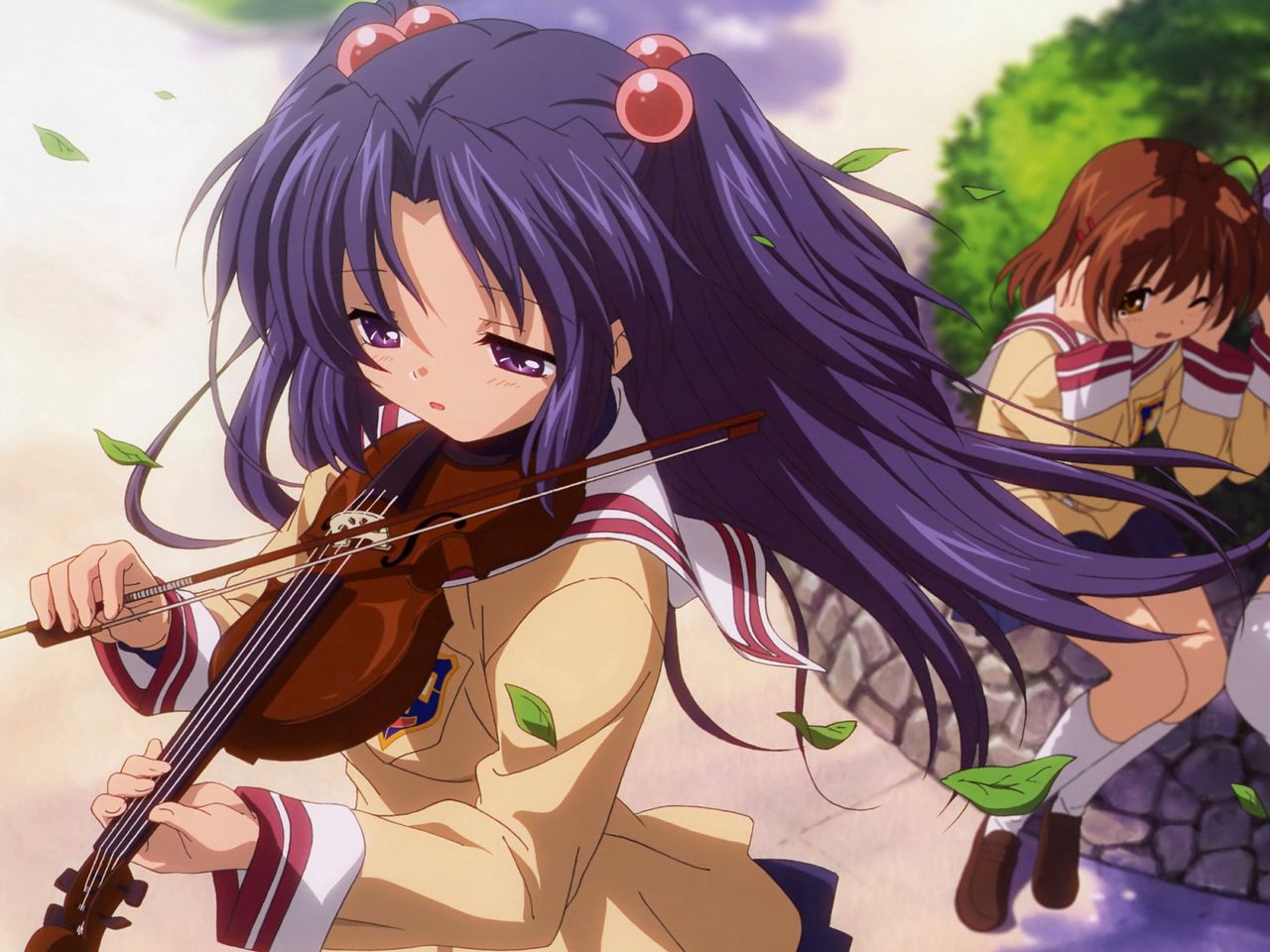 Download wallpaper 1280x960 anime, girls, violin, bow, park, foliage,  noise, hostility standard 4:3 hd background