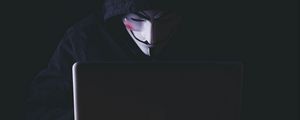 Preview wallpaper anonymous, hacker, mask, hood, laptop, dark