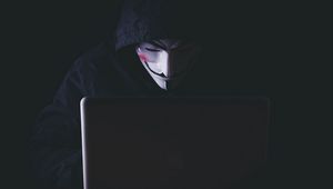 Preview wallpaper anonymous, hacker, mask, hood, laptop, dark