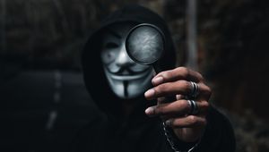 Preview wallpaper anonymous, hand, magnifier, man, mask