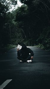Preview wallpaper anonymous, man, mask, road, forest