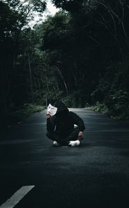 Preview wallpaper anonymous, man, mask, road, forest