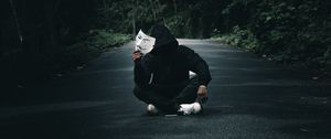 Preview wallpaper anonymous, man, mask, road, forest