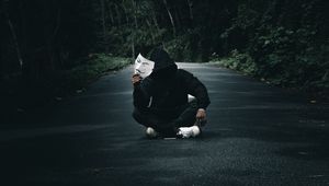 Preview wallpaper anonymous, man, mask, road, forest