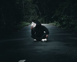 Preview wallpaper anonymous, man, mask, road, forest