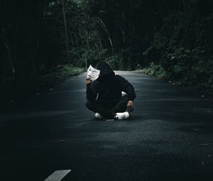 Preview wallpaper anonymous, man, mask, road, forest