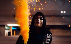 Preview wallpaper anonymous, mask, colored smoke, hood, sparks