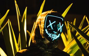 Preview wallpaper anonymous, mask, hood, leaves, lights