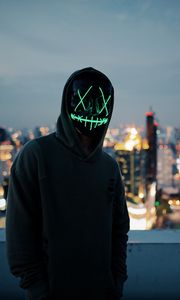 Preview wallpaper anonymous, mask, hood, hoodie, city, glow