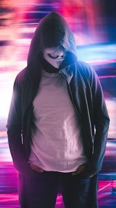 Preview wallpaper anonymous, mask, hood, neon, blur, long exposure