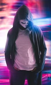 Preview wallpaper anonymous, mask, hood, neon, blur, long exposure