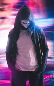 Preview wallpaper anonymous, mask, hood, neon, blur, long exposure