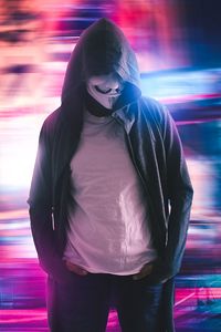 Preview wallpaper anonymous, mask, hood, neon, blur, long exposure