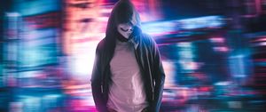 Preview wallpaper anonymous, mask, hood, neon, blur, long exposure