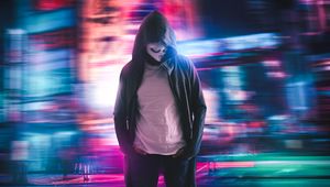 Preview wallpaper anonymous, mask, hood, neon, blur, long exposure