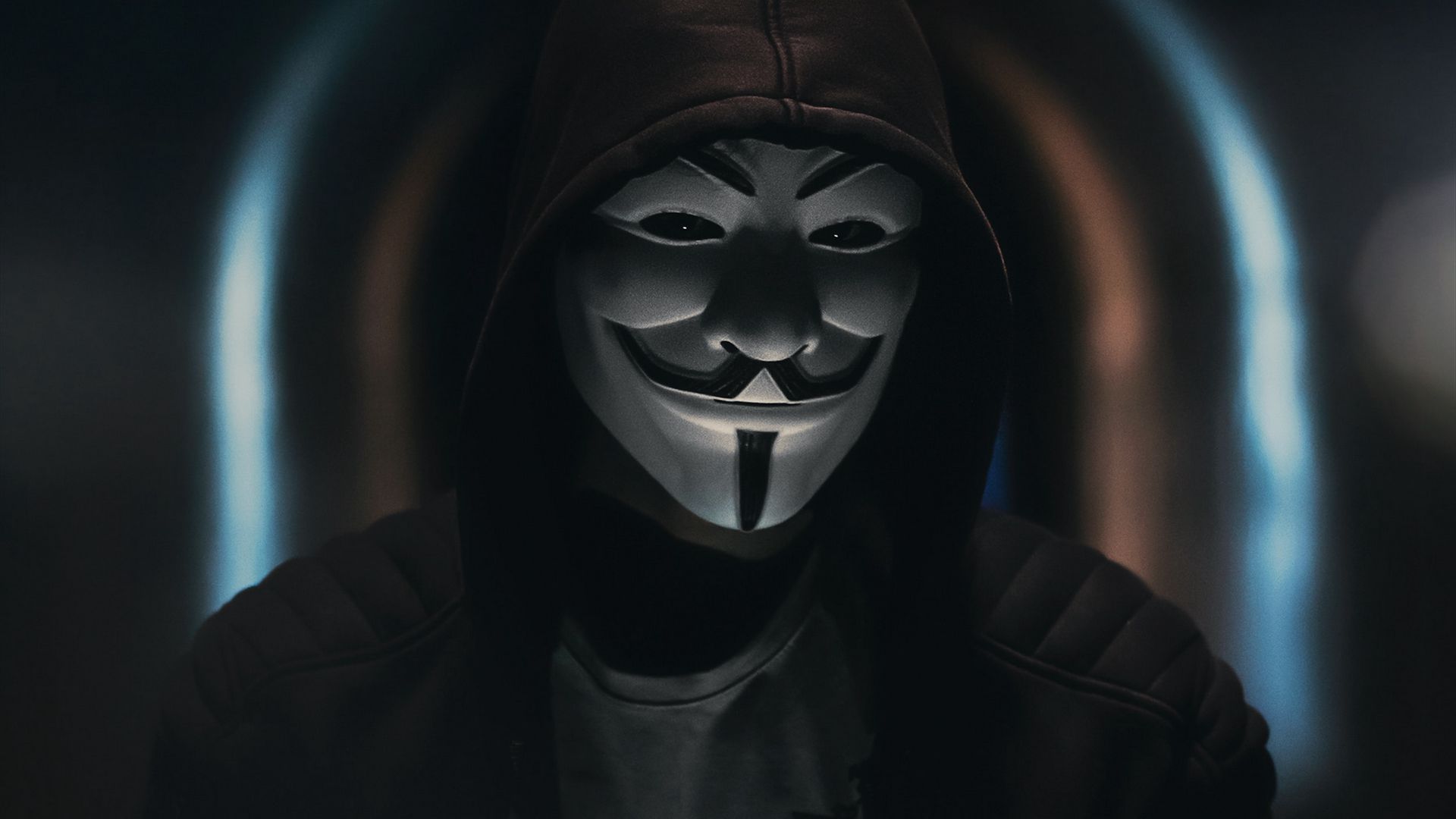 Download wallpaper 1920x1080 anonymous, mask, hood, dark, man full hd