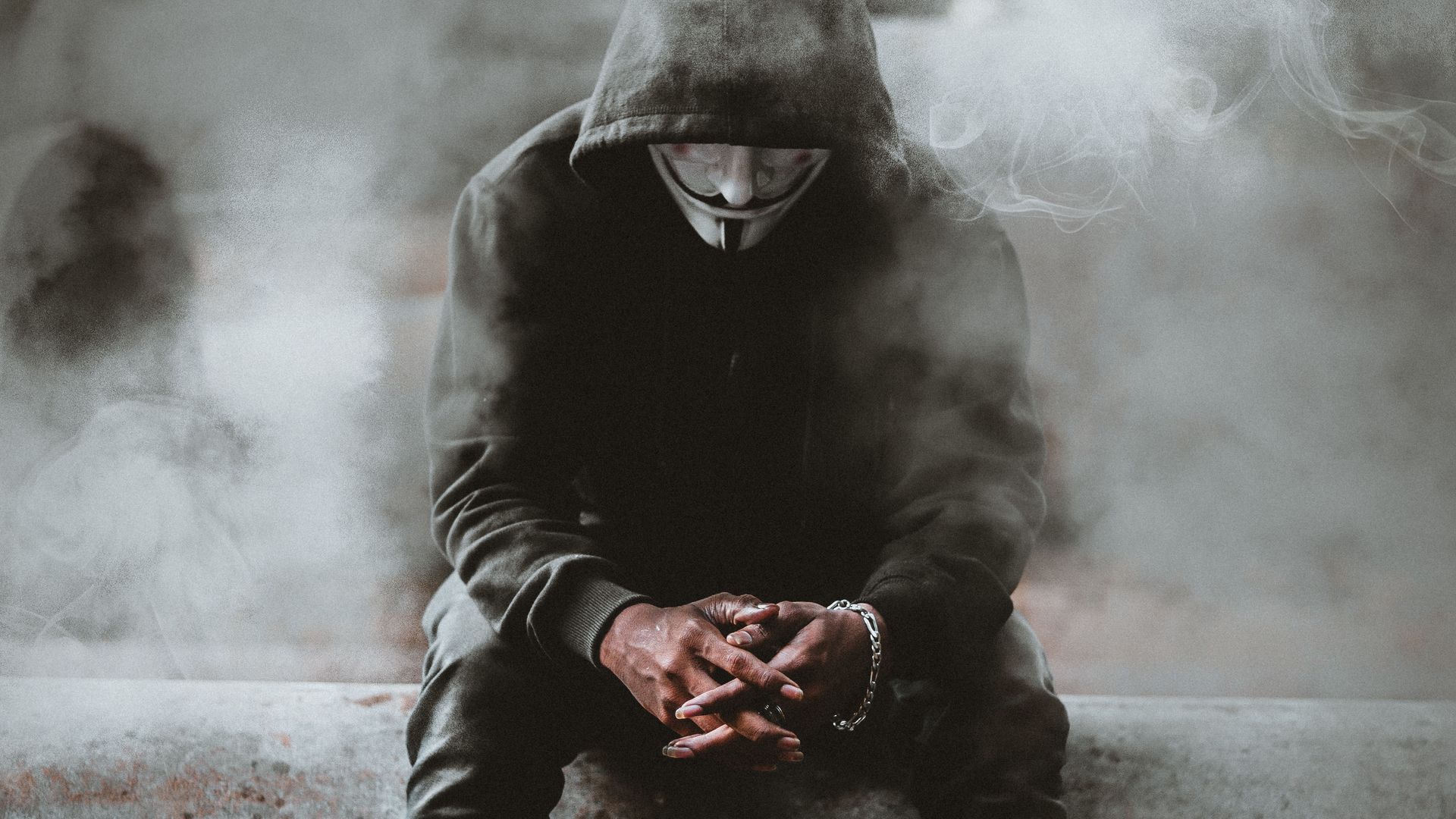 Download wallpaper 1920x1080 anonymous, mask, hood, smoke, person full hd,  hdtv, fhd, 1080p hd background