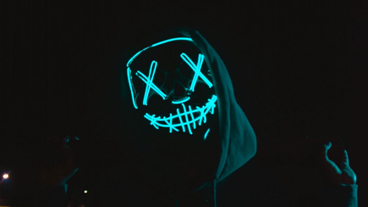 Wallpaper anonymous, mask, hood, neon, dark