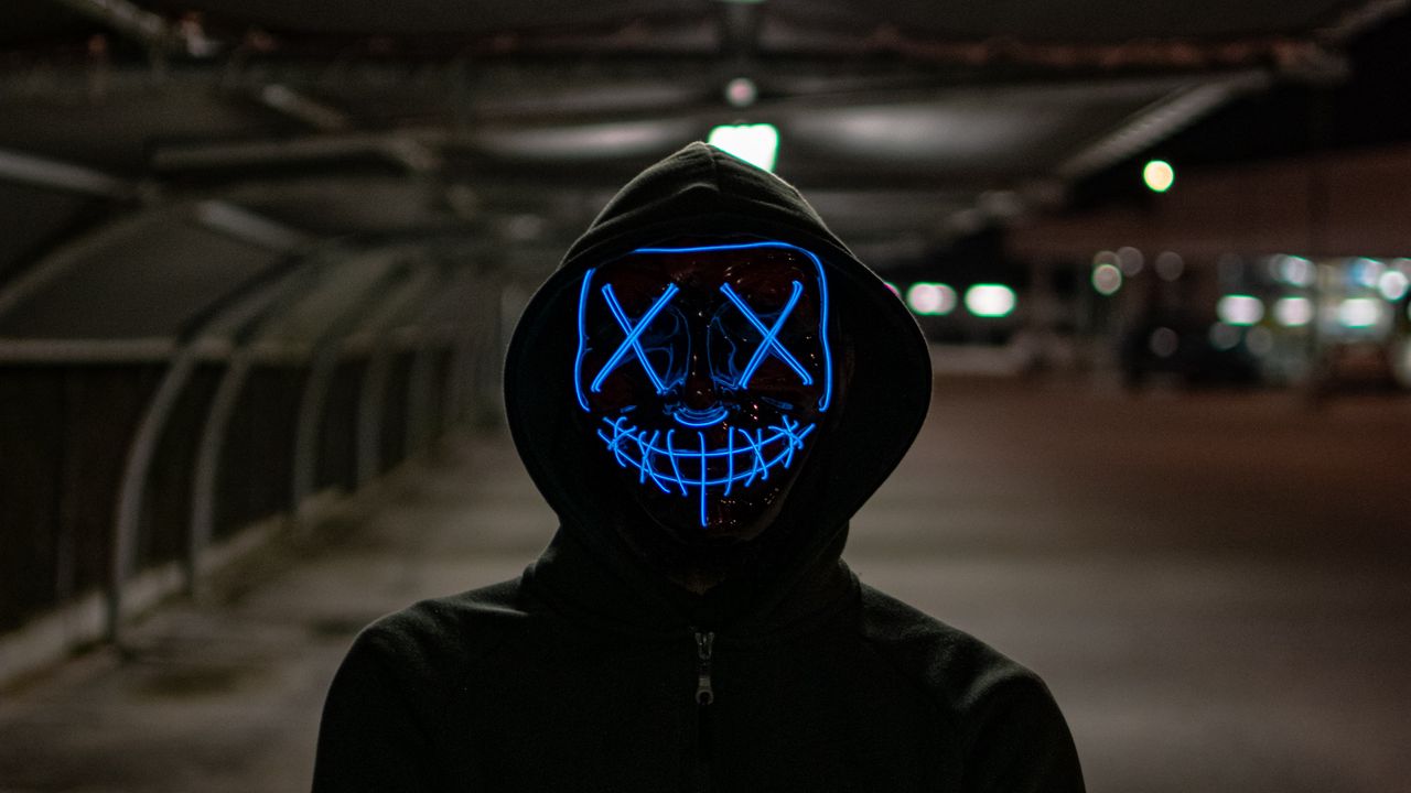 Wallpaper anonymous, mask, neon, hood, hoodie