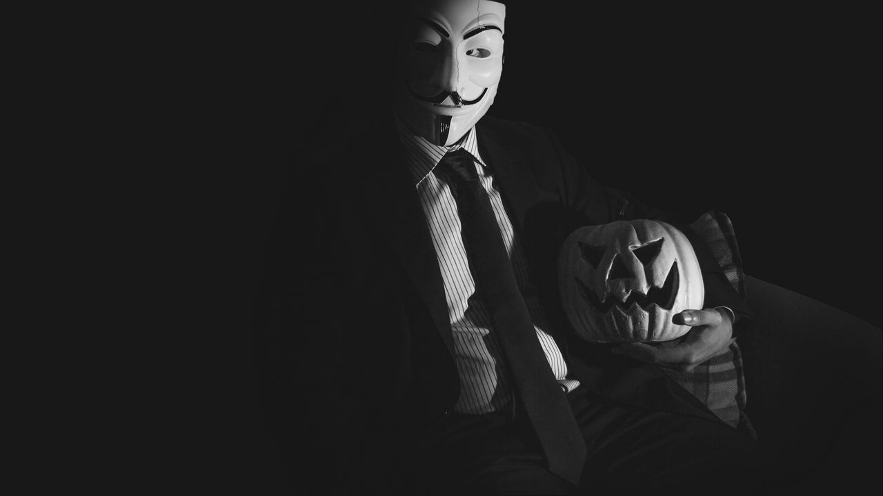 Wallpaper anonymous, mask, pumpkin, halloween, dark, black and white