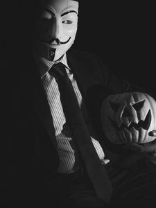 Preview wallpaper anonymous, mask, pumpkin, halloween, dark, black and white