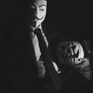 Preview wallpaper anonymous, mask, pumpkin, halloween, dark, black and white