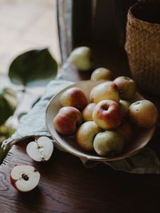 Preview wallpaper apple, apples, fruit, plate, cloth, table