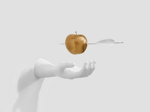 Preview wallpaper apple, arrow, hand, sculpture, minimalism