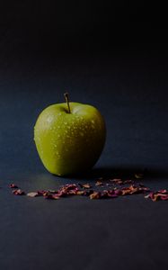 Preview wallpaper apple, green, wet, ripe, petals