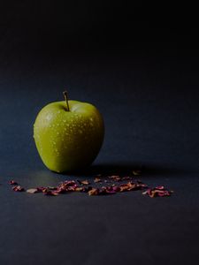 Preview wallpaper apple, green, wet, ripe, petals