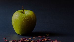 Preview wallpaper apple, green, wet, ripe, petals