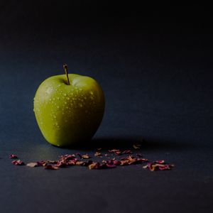 Preview wallpaper apple, green, wet, ripe, petals