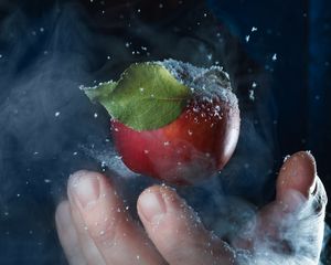 Preview wallpaper apple, hand, snow, steam