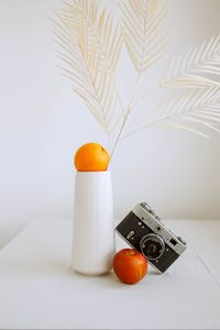 Preview wallpaper apple, orange, camera, vase, branch, decor