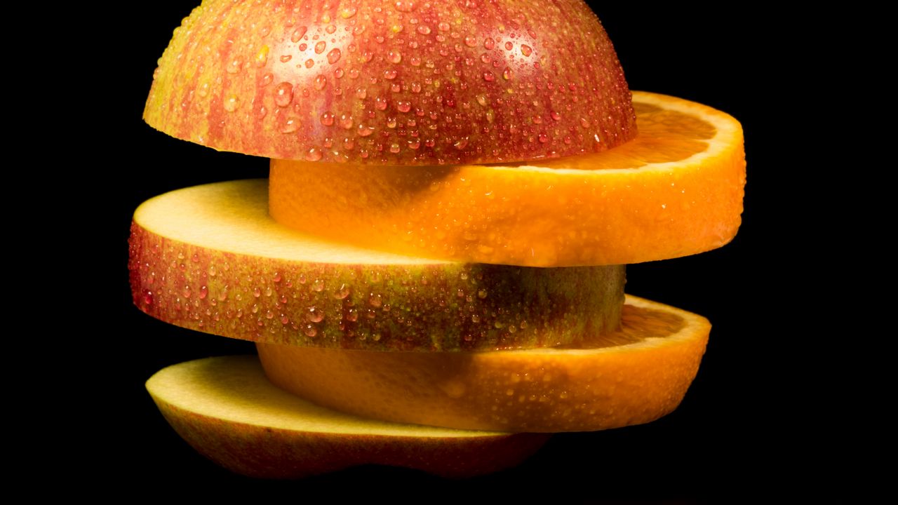 Wallpaper apple, orange, slices, drops, fruits, food