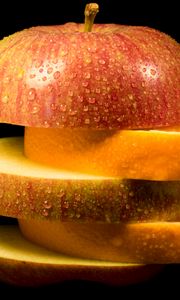 Preview wallpaper apple, orange, slices, drops, fruits, food