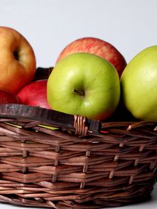 Preview wallpaper apples, basket, fruit, green, red