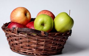 Preview wallpaper apples, basket, fruit, green, red